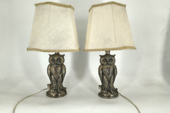 Image 1 of Coppia di lampade a forma di gufo in argento di Loevsky & Loevsky, anni '60