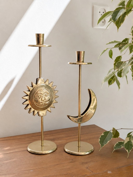 chandelier vintage en laiton représentant le soleil et la lune – kandelaars en kaarsen, Brass