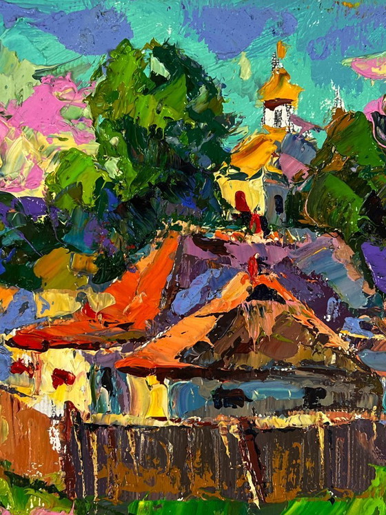 Image 1 of Peinture à l'huile originale représentant un paysage rural dans une rue du village par une chaude journée ensoleillée.