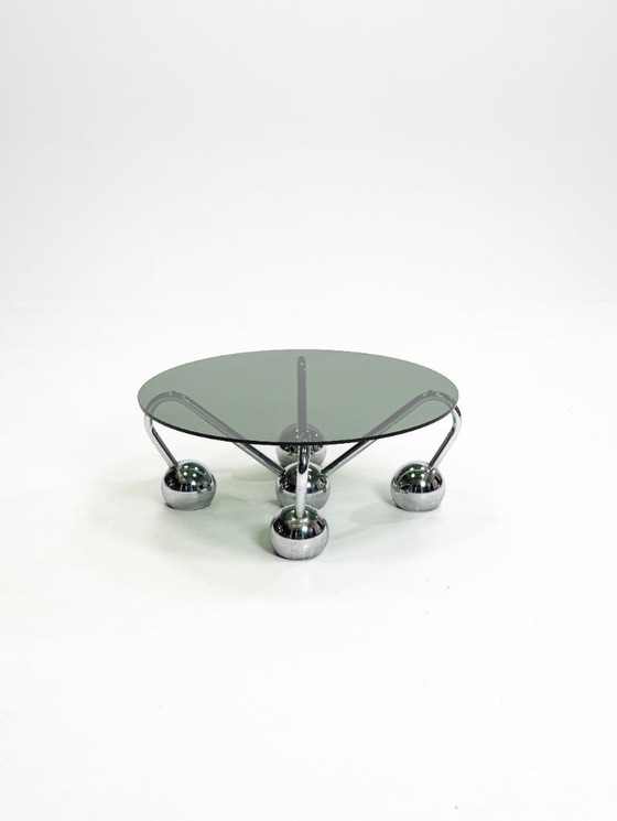 Image 1 of Sputnik salontafel in verchroomd metaal en gerookt glas, jaren 70, Italië