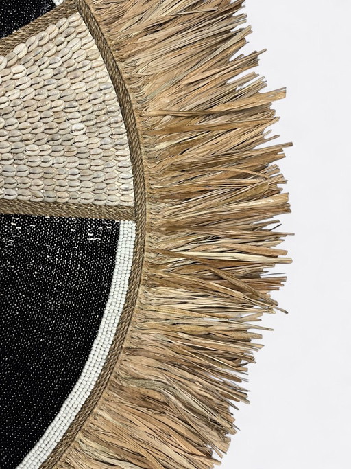 Large mirror made of pearls, shells and raffia