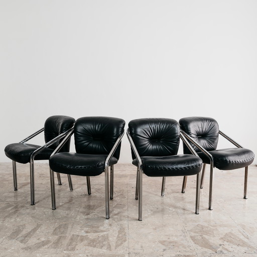 Mobil Girgi Dining Set with 4 Steel and Leather Armchairs, 1970s Design