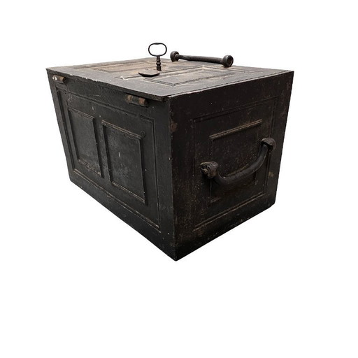 Antique English cast iron safe with key, mid 19th century