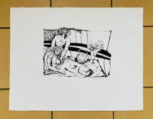 Philippe Hardy – Vintage-Lithografie – Am Tisch – 1977