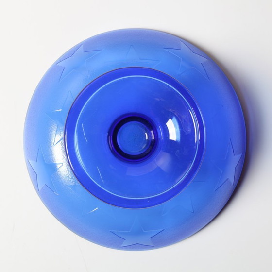 Image 1 of Blue Pressed Glass Pedestal Bowl with Stars Pattern / Italy / 2000s