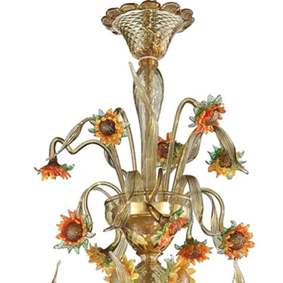 Image 1 of Murano Glass “Sunflowers” Chandelier – Venetian Style in Amber & Green