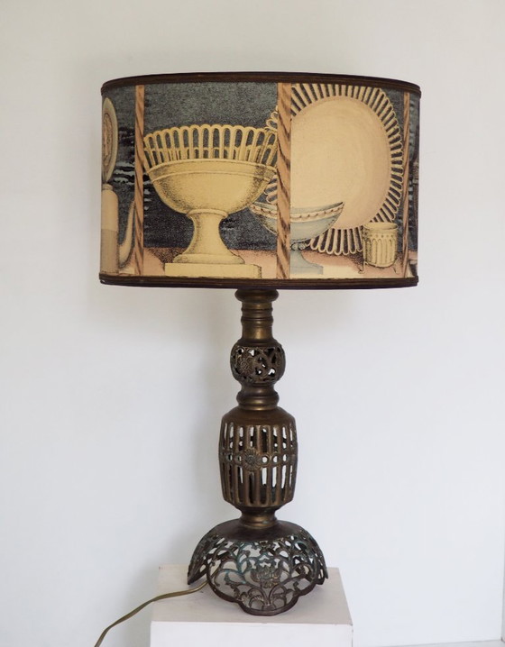 Image 1 of Large Filagree bronze table lamp/shadow Fornasetti fabric