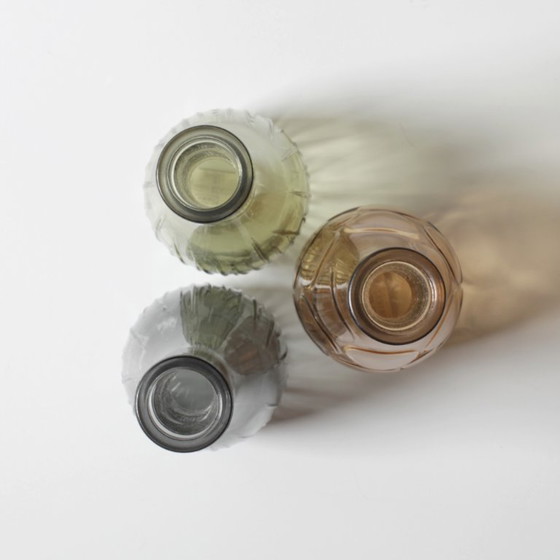 Image 1 of Set of 3 Grey, Green and Amber Glass Vases / Colored Bottles or Flower Vases / Ikea / 2000s