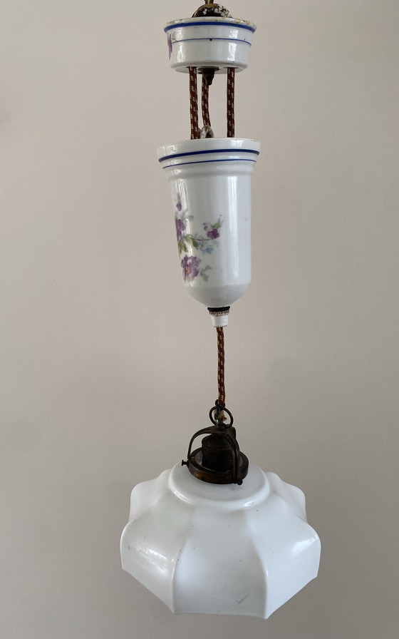 Image 1 of Art Deco - Opaline - messing - hanglamp - pendellamp met katrol - 1e kwart 20e eeuw