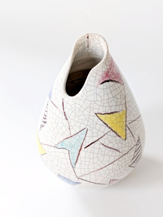 Image 1 of 1950er Silberdistel-Vase | Abstrakte geometrische Craquelé-Glasur | Westdeutsche Keramik