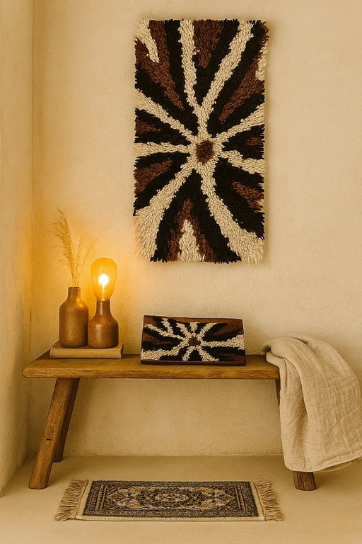 1x Vintage wool tapestry in brown and white contrast | Mid - Century Modern | Retro wall art