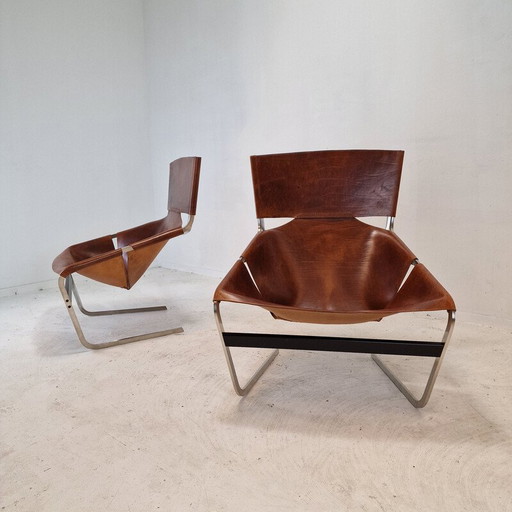 Pair of vintage model F444 armchairs in chrome and leather by Pierre Paulin for Artifort, Netherlands 1960