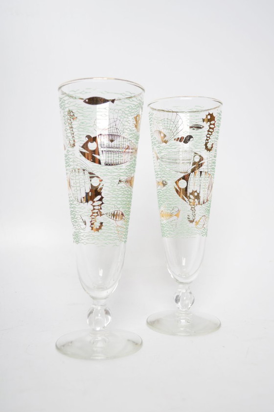 Image 1 of Pair of Libbey MARINE LIFE Pilsner Glasses / 1950's Vintage / Collectible, Gilded