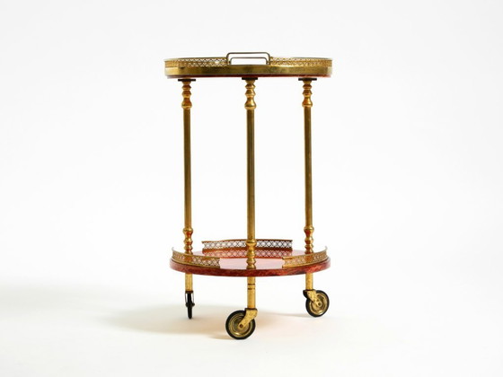 Image 1 of Round, small 1960s Aldo Tura serving or bar trolley in red goatskin leather | Made in Italy