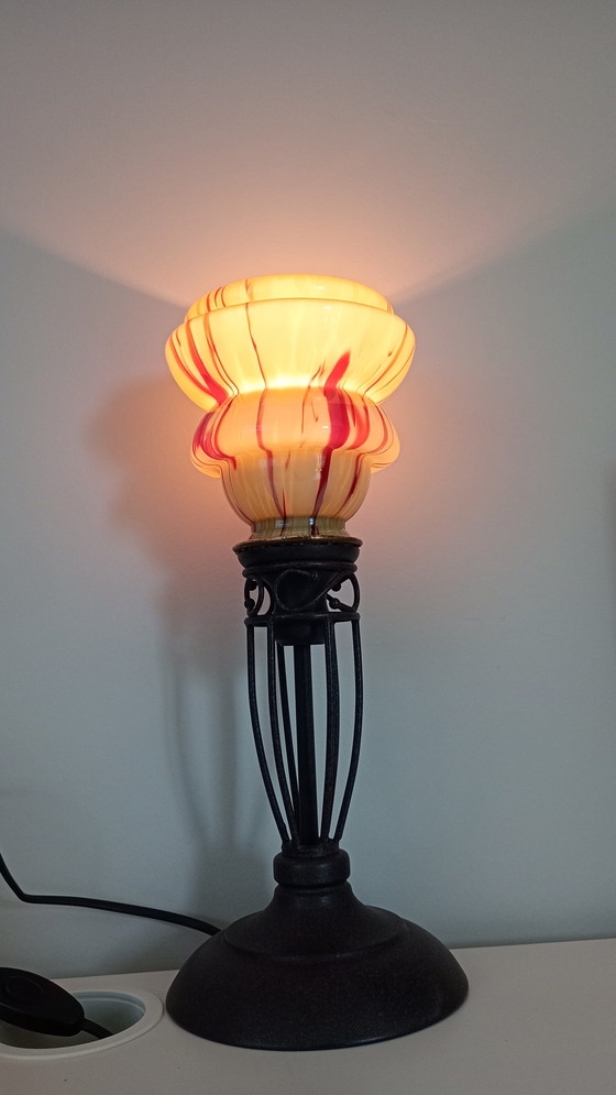 Image 1 of Lampe de table vintage italienne - style Art Déco - abat-jour en verre soufflé à la bouche