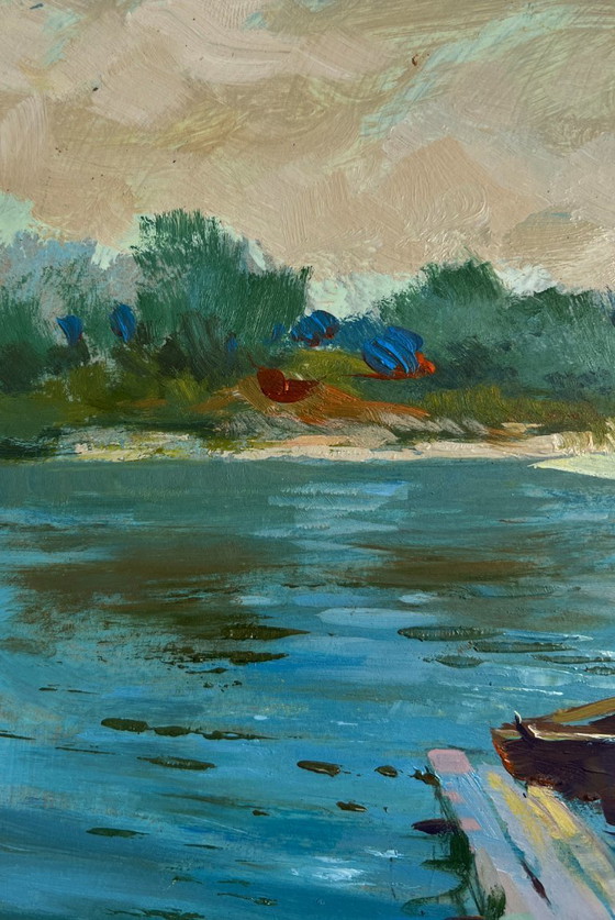 Image 1 of Original Oil Painting Summer River Landscape Boats at rest by the river