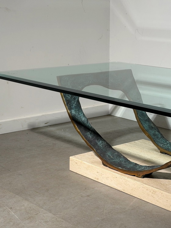 Tavolino da caffè brutalista in bronzo, travertino e vetro, 130 cm, Tavolini da caffè (foto 3 di 4)