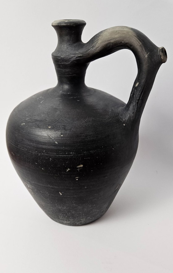 Image 1 of WABI SABI Antiker ungarischer schwarzer Keramik-Wasserkrug, großer Tonkrug Botijo aus dem frühen 20. Jahrhundert