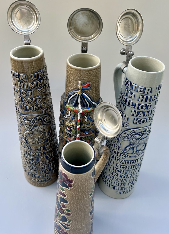 Image 1 of Lot de 4 chopes à bière vintage originales en grès avec couvercles en étain – König / GERZ – Allemagne, années 1970-1980