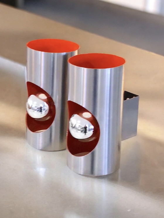 Image 1 of Pair of Orange Space Age UFO Vintage Wall Lamps - Brushed Aluminium - 1970s