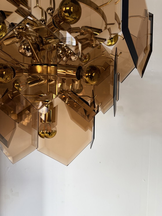 Image 1 of Vintage hexagon rookglazen kroonluchter, Italië ‘70