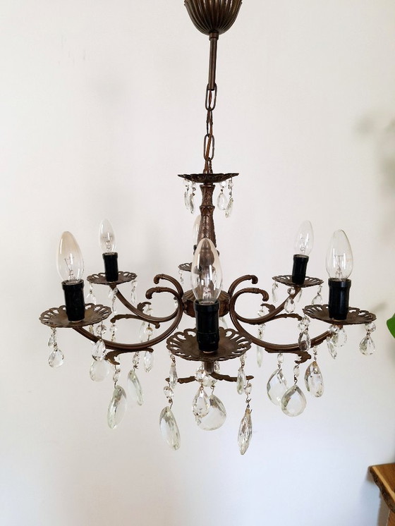 Image 1 of Lampadario antico francese in ottone con gocce di cristallo, lampadario da sala da pranzo in stile barocco a 6 luci