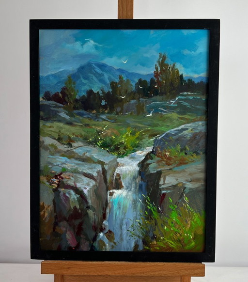 Original Oil Painting Summer Nature Landscape Mountain waterfall