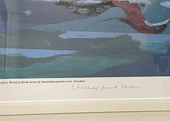 Image 1 of Litografía firmada de garza de estanque china por Lars Knudsen, impresión artística enmarcada