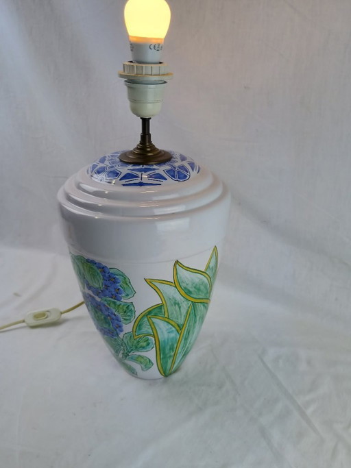 Signed FAM Faïencerie d’Art de la Malicorne Victor Deschang French Vintage Handmade Ceramic Table Lamp Floral Blue Design – 1960