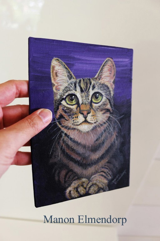 Retrato original de gato pintado a mano, 18 x 13 cm. Obra de arte.