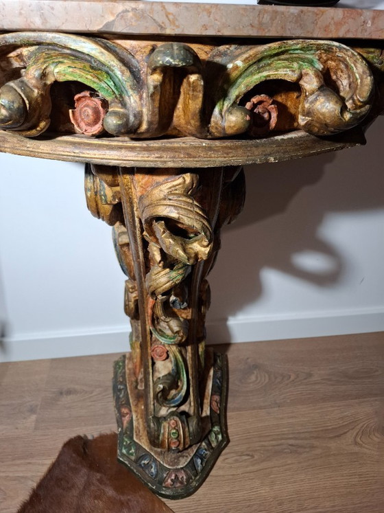 Image 1 of Antique Portuguese Gilded Console Table with Marble Top - 19th Century Carved Wood - Hand-Painted Polychrome Details - BGS Studi
