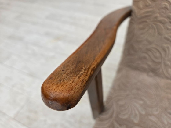 Image 1 of Deense fauteuil uit de jaren 60, bekleed met meubelwol en gemaakt van beukenhout.
