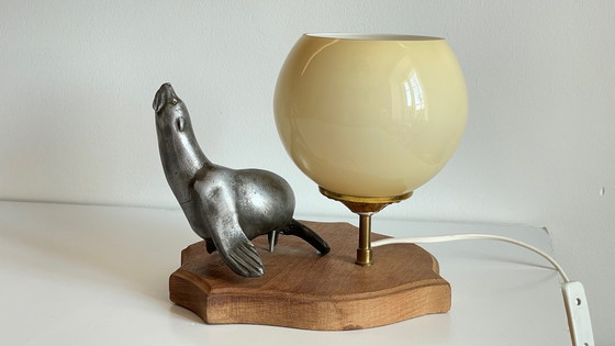 Image 1 of Art Deco Sea Lion Lamp Metal and Blown Glass France