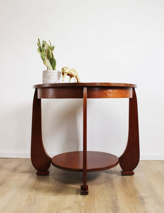 Image 1 of Ronde Amsterdamse School stijl tafel. Houten vintage salon / Art Deco bijzettafel