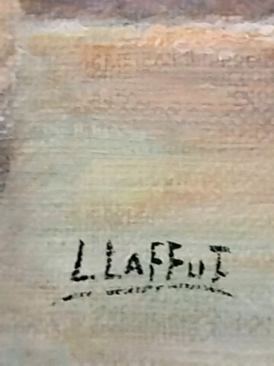 Painting Church Rural Landscape - L. Laffut (Belgian Art), Wood, Canvas, Blue (photo 7 of 11)