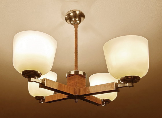 Image 1 of Lampe pendante Art Déco en bois et verre chromé