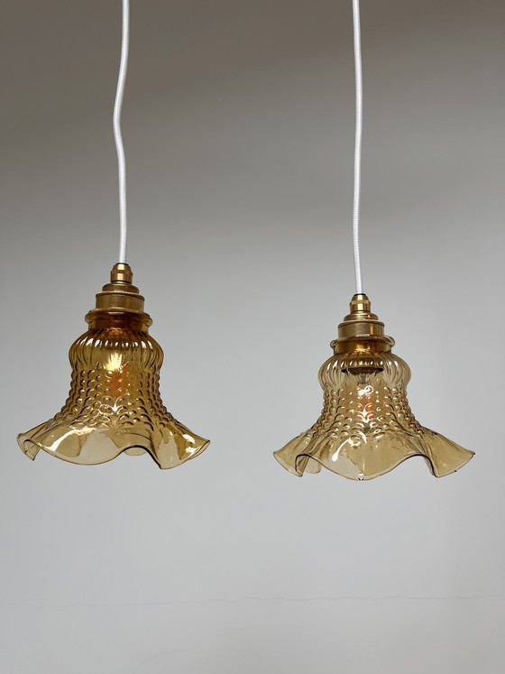 Image 1 of Set of two vintage glass lampshade, amber, wavy edge