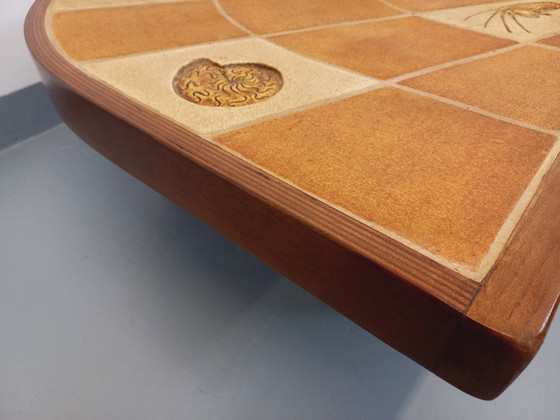 Image 1 of Barrois comma-shaped coffee table with vintage shell motifs in wood and Vallauris ceramic from the 1960s and 70s