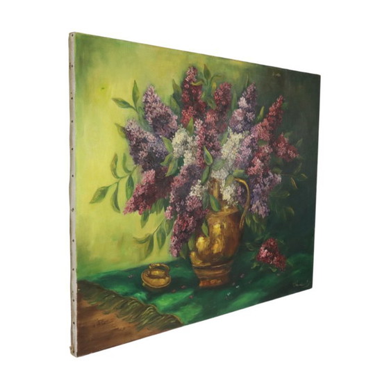 Large Colorful Floral Still Life with Lilacs Painting 90x70cm – Paintings & Drawings, Canvas, Vintage (photo 14 of 15)