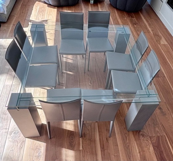 Roche Bobois Tenere Dining Table with 8 Alex Leather Chairs, Dining set, Glass, Grey (photo 3 of 7)
