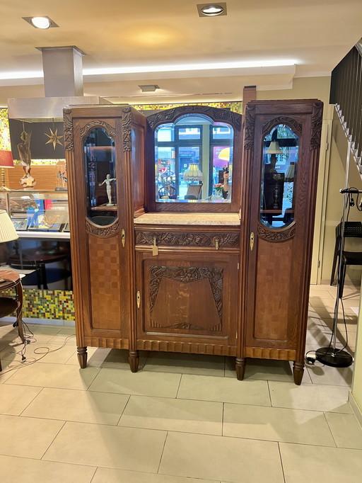 Buffet Art Nouveau avec plateau en marbre, miroir à facettes et 2 vitrines, fabriqué en Allemagne vers 1910.