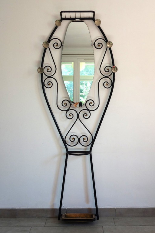 Art Deco Iron Coat Rack with Mirror, 1930s
