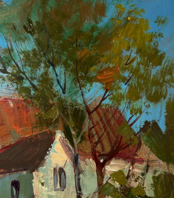 Original Oil Painting Rural Landscape Village Stream – Paintings & Drawings, Mdf (photo 4 of 10)