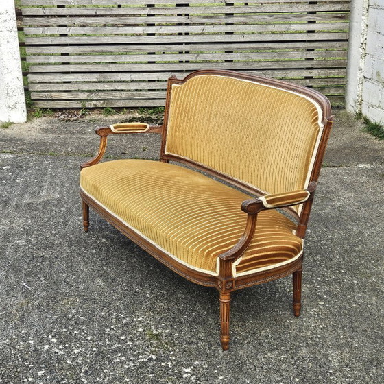 Image 1 of French Antique green Velvet Sofa - Solid Wood Lounge Seater-Claude Sené Style - Louis XVI-late 1900th