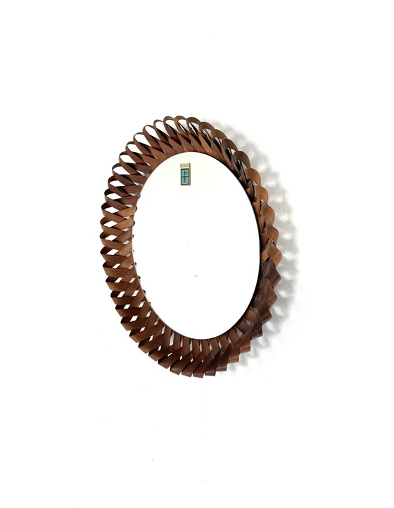 Image 1 of Vintage gevlochten teakhouten wandspiegel ‘60