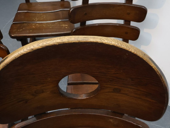 Image 1 of Brutalist fishbobe chairs set van 4 massief eikenhout