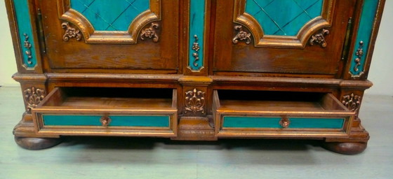 Armario, mueble de recibidor, 2 puertas, 2 cajones, estilo barroco, siglo XVII, en roble con turquesa, cobre, (photo 5 of 6)