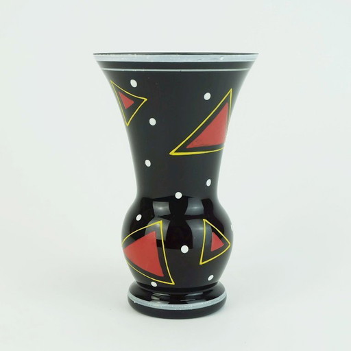 Mid Century Glasvase Hyalith Glas schwarz Glas abstrakte Dekor Emaille Malerei 1950er Jahre