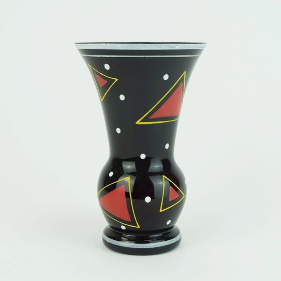 Image 1 of Mid Century Glasvase Hyalith Glas schwarz Glas abstrakte Dekor Emaille Malerei 1950er Jahre