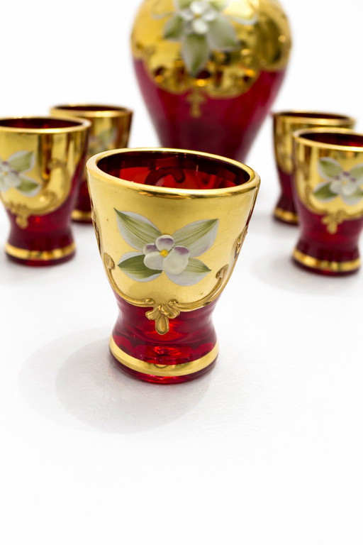 SIGNED MURANO "Tre Fuochi" Liqueur Set – Ruby Red & 24K Gold – Hand-Painted Flowers – 7 Pieces – Vintage Italy
